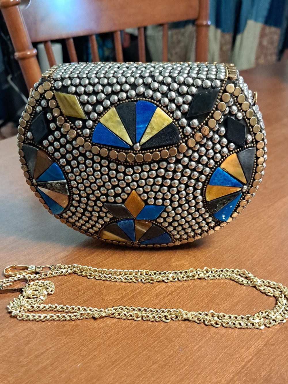 Ramla Embellished Beaded Evening Clutch in Black, Blue & Gold